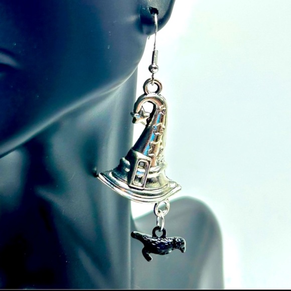 Handmade Halloween Sterling Silver Witch Hat & Crow Earrings! - Picture 4 of 4